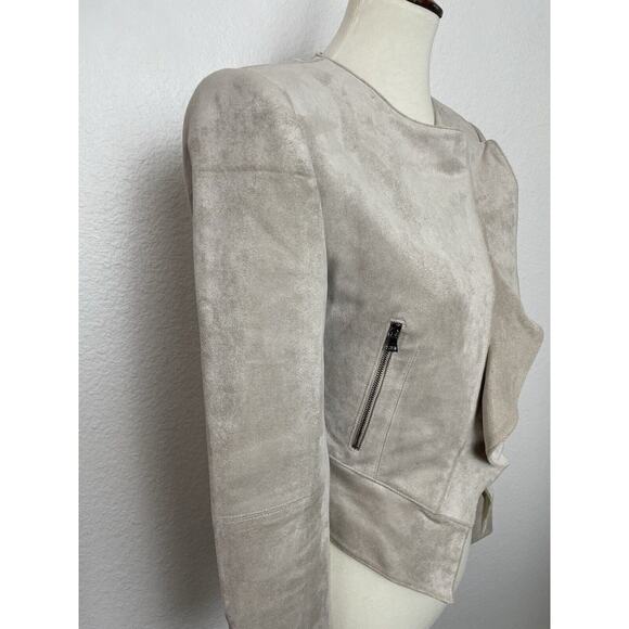 BCBGMaxAzria Jacket Kidd Faux Leather Moto Ruffled Single Breast Tan - Picture 4 of 12